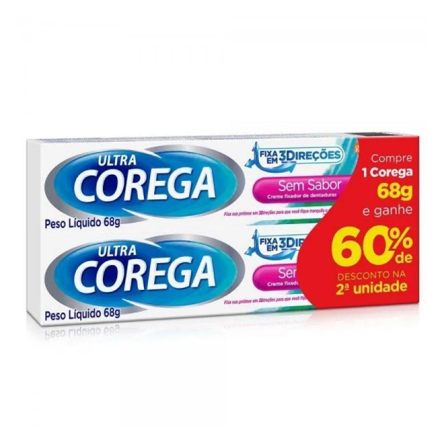 Kit Corega Ultra Creme Fixador de Dentaduras sem Sabor com 2 unidades com 68g Cada