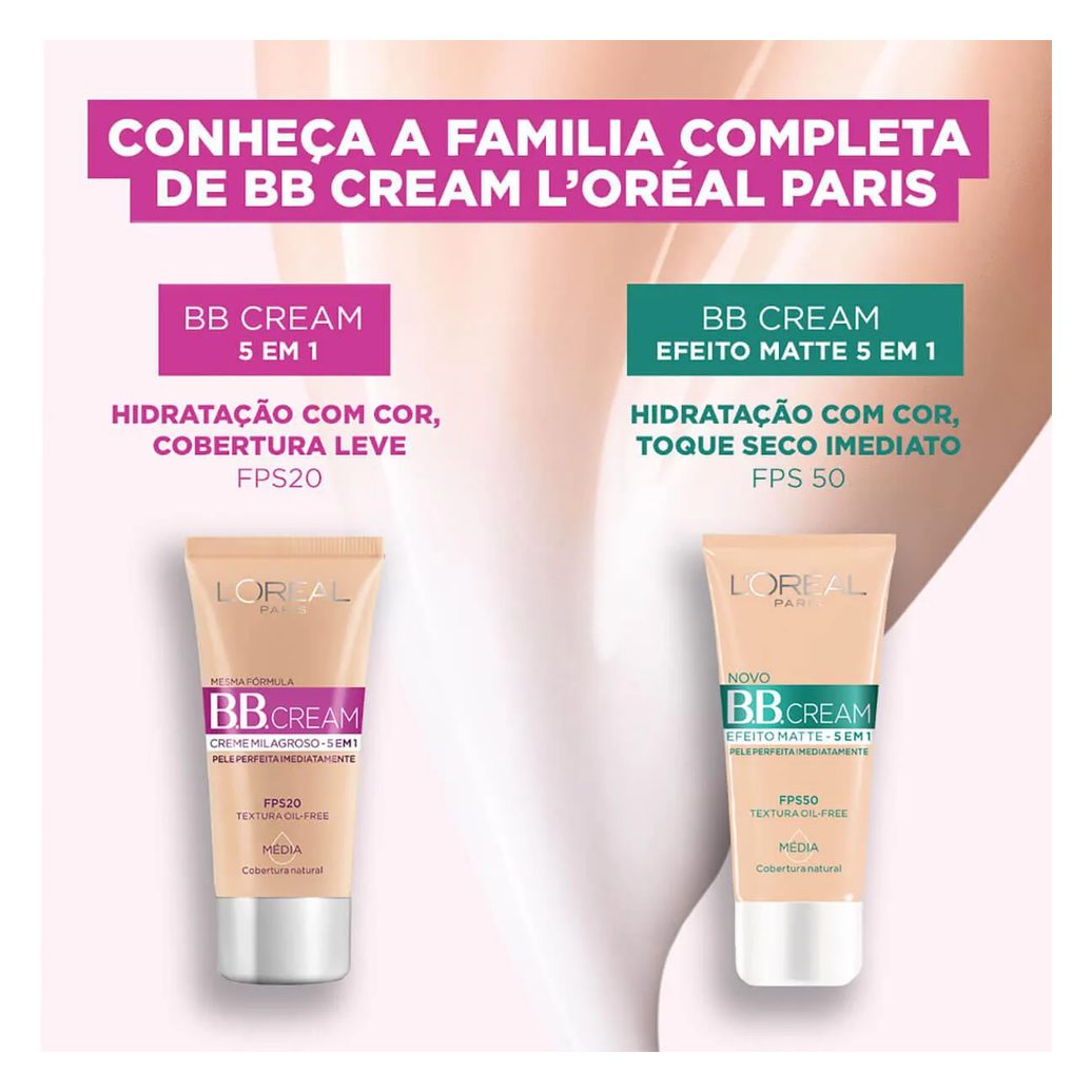Base BB Cream L'Oréal Paris Efeito Matte 5 em 1 Cor Média FPS 50 Cobertura Leve com Proteção Solar 30ml