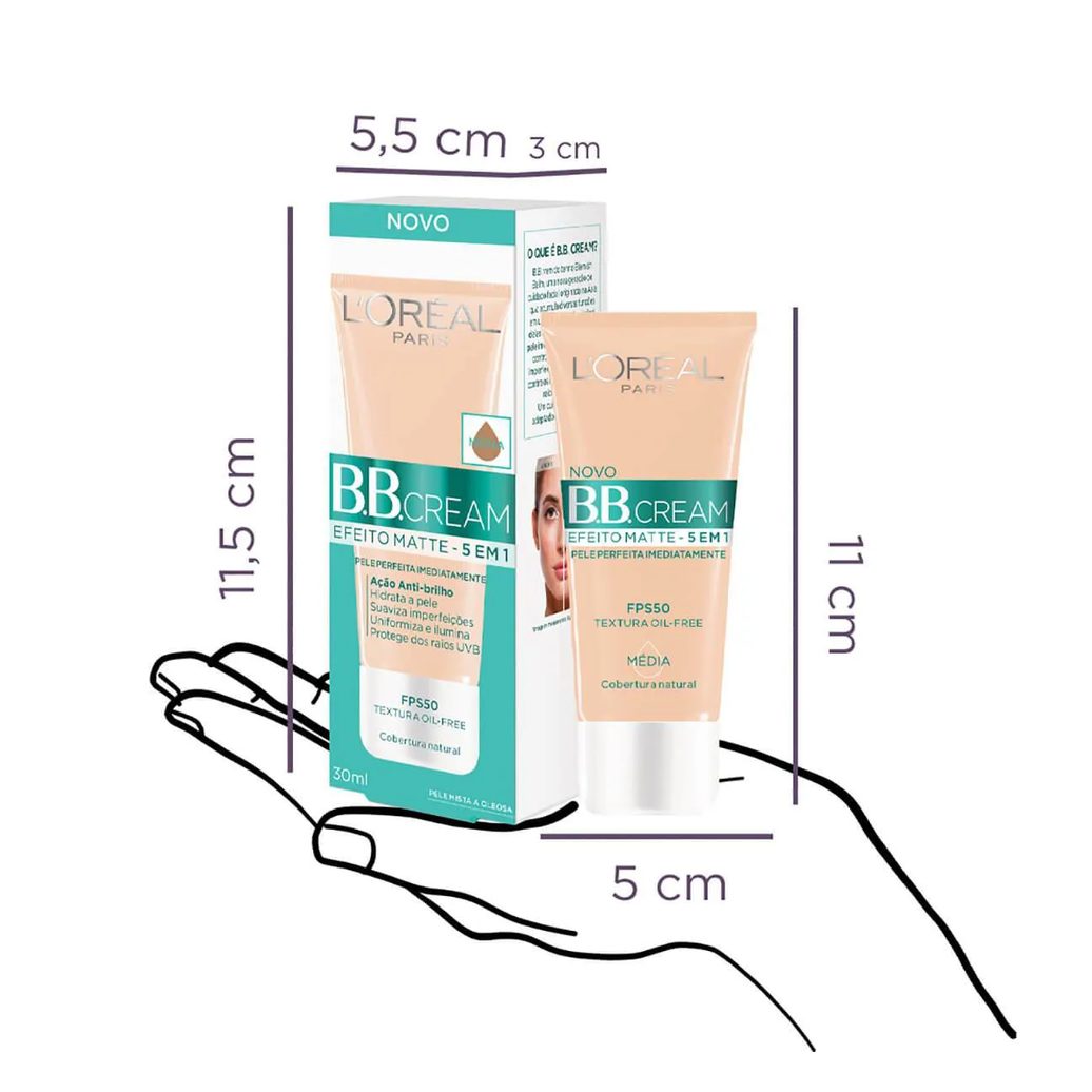 Base BB Cream L'Oréal Paris Efeito Matte 5 em 1 Cor Média FPS 50 Cobertura Leve com Proteção Solar 30ml