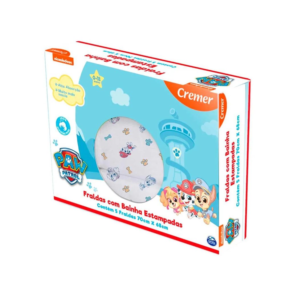 Fralda de Pano com Bainha Estampada Creme Patrulha Canina 5 Unidades