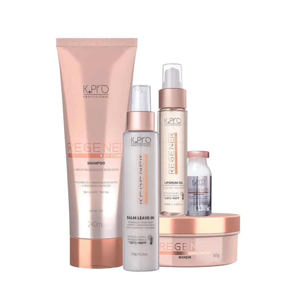 Kit K.pro Profissional Regenér Shampoo Máscara Leave-in Oil Ampola (5 Produtos)