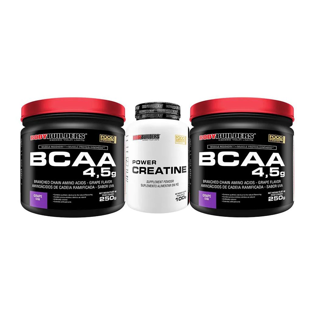 Kit 2x Bcaa Powder 4.5 250g + Power Creatina 100g - Bodybuilders Sabor Uva