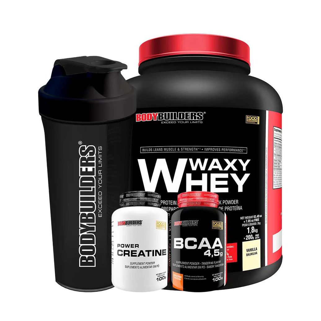 Kit - Waxy Whey 2kg + Bcaa 4,5 100g + Power Creatina 100g + Coqueteleira Sabor: Baunilha – Bodybuilders