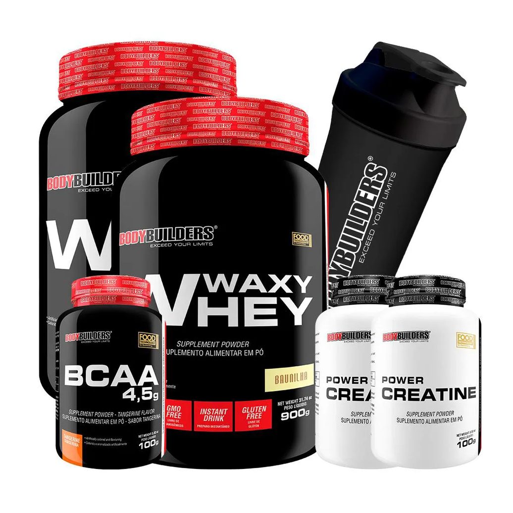 Kit 2x Waxy Whey Protein 900g + 2x Power Creatina 100g + Bcaa 4.5 100g + Coqueteleira - Bodybuilders Baunilha