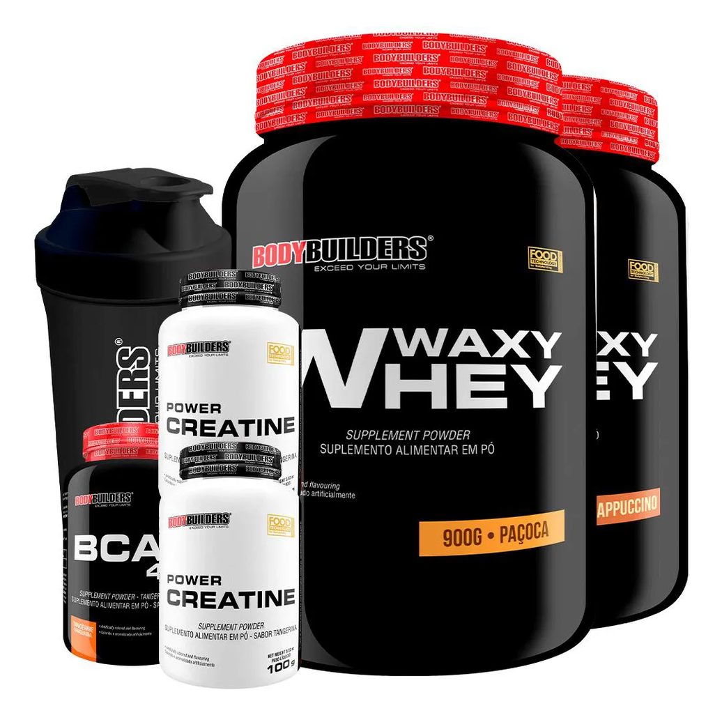 Kit 2x Waxy Whey Protein 900g + 2x Power Creatina 100g + Bcaa 4.5 100g + Coqueteleira - Bodybuilders Cappuccino e Paçoca