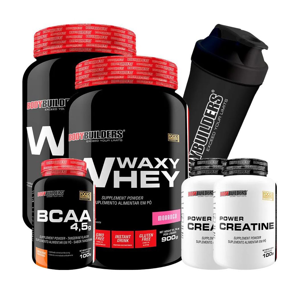Kit 2x Waxy Whey Protein 900g + 2x Power Creatina 100g + Bcaa 4.5 100g + Coqueteleira - Bodybuilders Morango