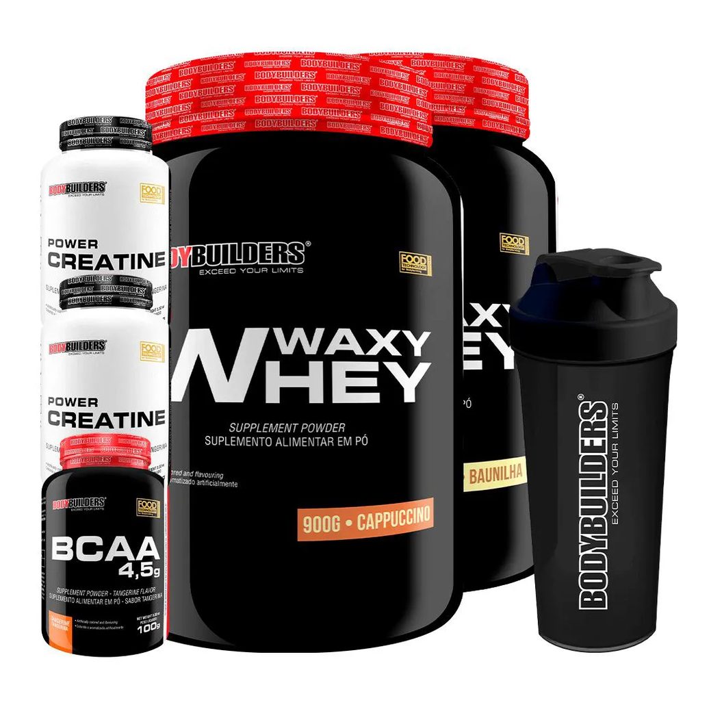 Kit 2x Waxy Whey Protein 900g + 2x Power Creatina 100g + Bcaa 4.5 100g + Coqueteleira - Bodybuilders Baunilha e Cappuccino