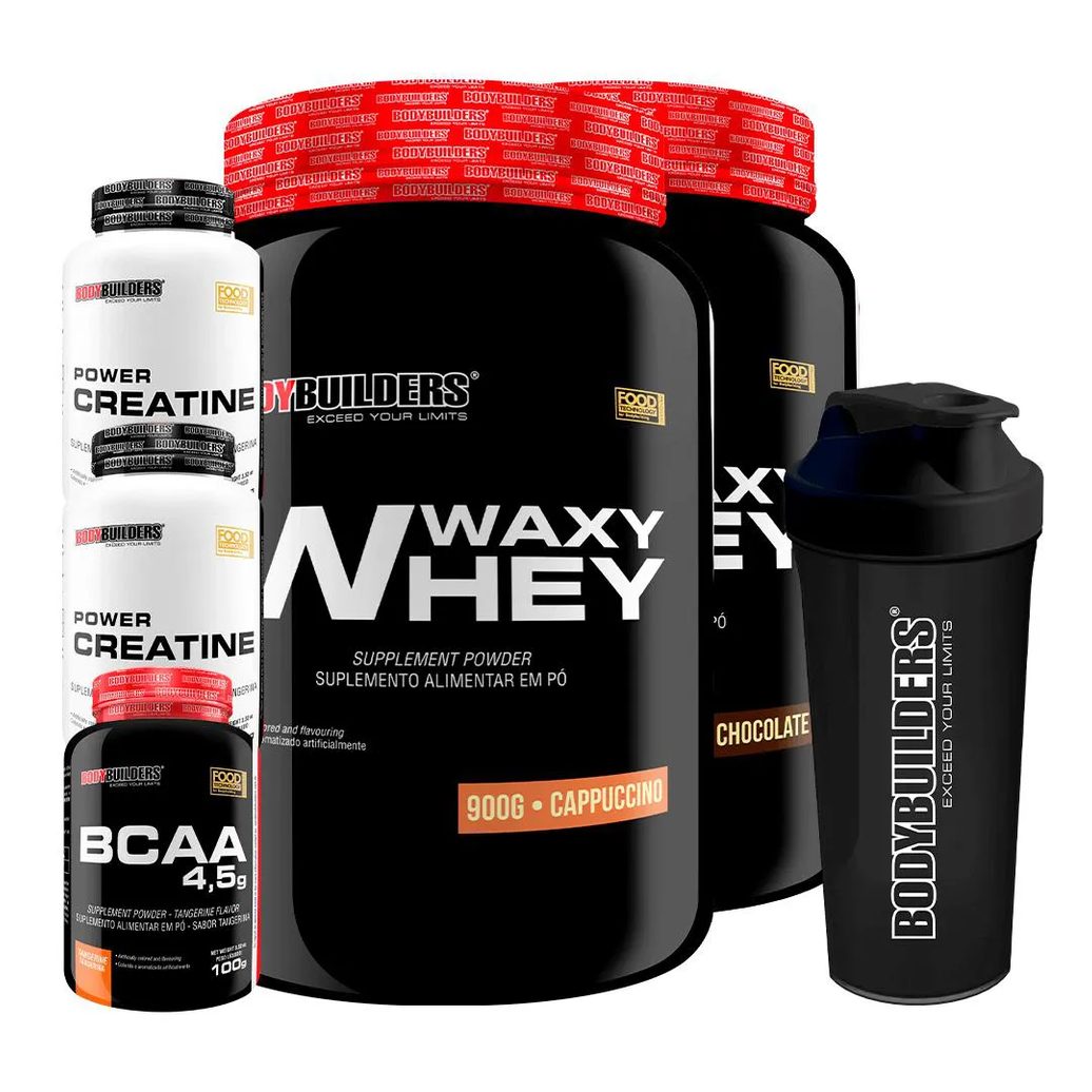 Kit 2x Waxy Whey Protein 900g + 2x Power Creatina 100g + Bcaa 4.5 100g + Coqueteleira - Bodybuilders Chocolate e Cappuccino