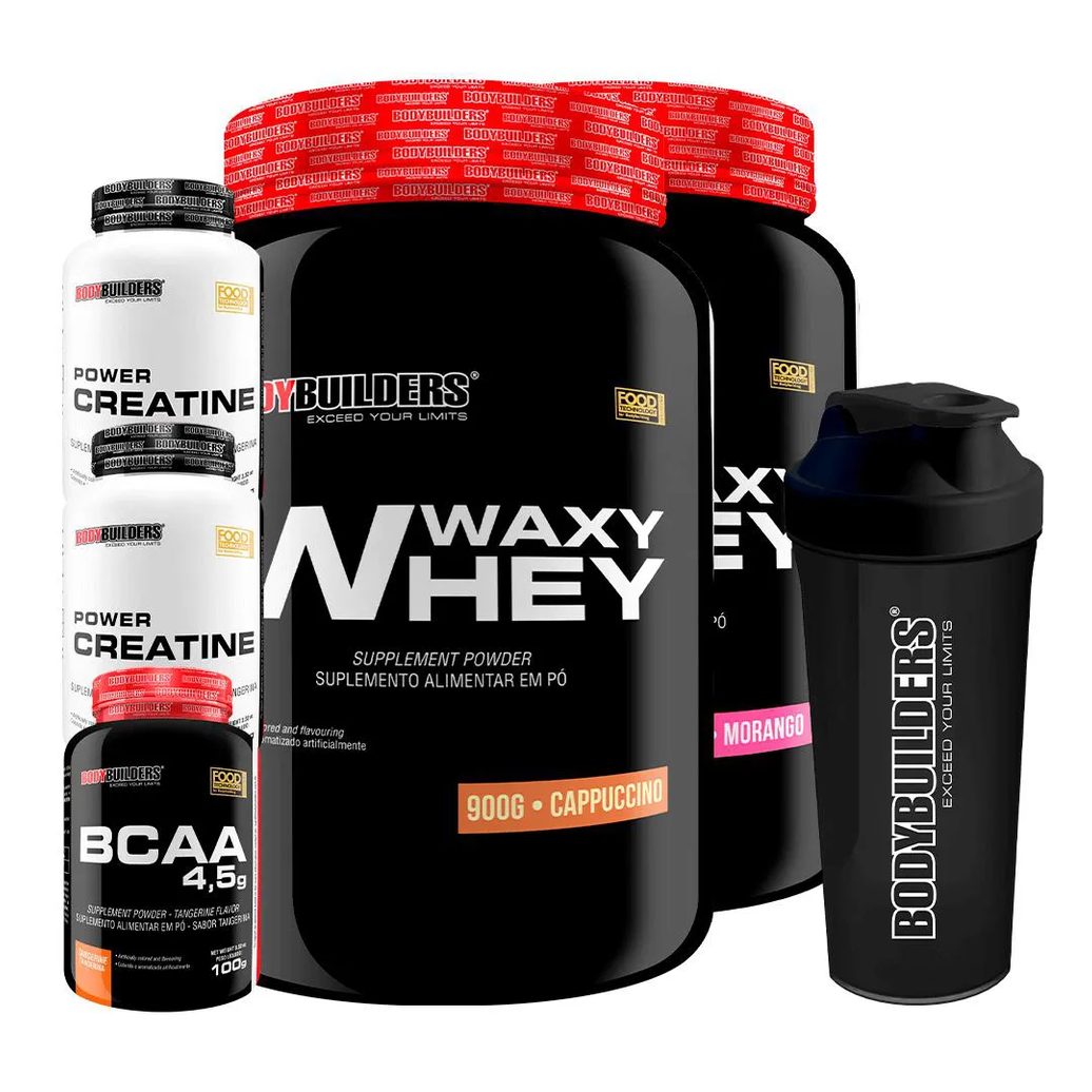 Kit 2x Waxy Whey Protein 900g + 2x Power Creatina 100g + Bcaa 4.5 100g + Coqueteleira - Bodybuilders Morango e Cappuccino