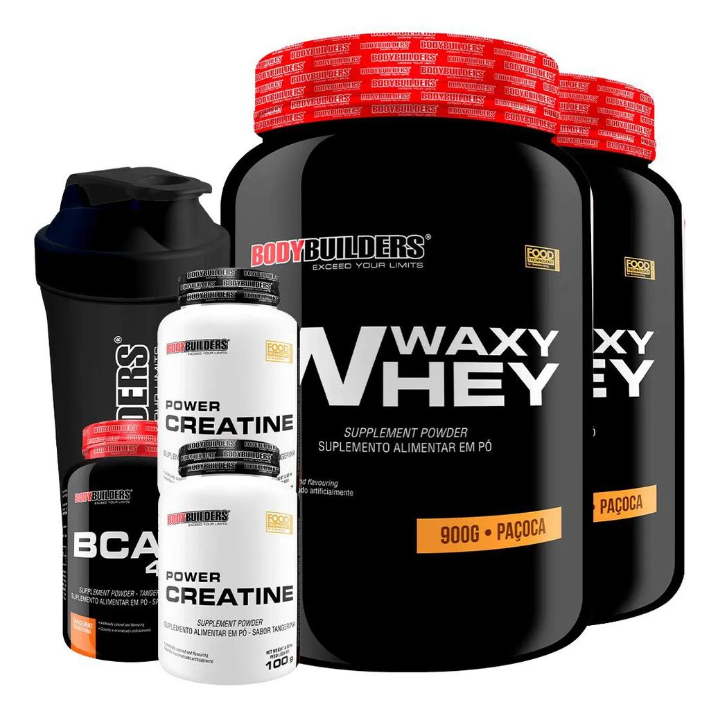 Kit 2x Waxy Whey Protein 900g + 2x Power Creatina 100g + Bcaa 4.5 100g + Coqueteleira - Bodybuilders Paçoca
