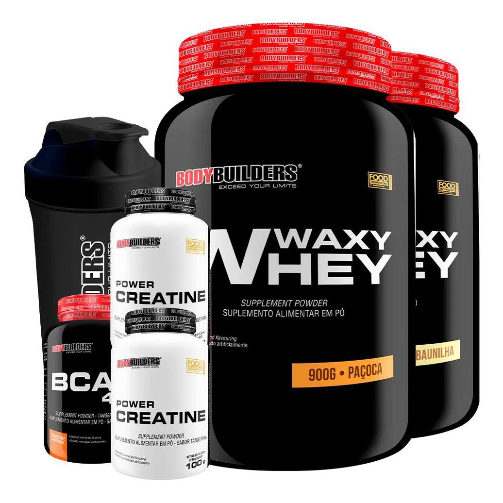 Kit 2x Waxy Whey Protein 900g + 2x Power Creatina 100g + Bcaa 4.5 100g + Coqueteleira - Bodybuilders Baunilha e Paçoca