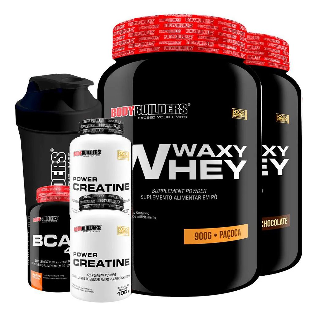 Kit 2x Waxy Whey Protein 900g + 2x Power Creatina 100g + Bcaa 4.5 100g + Coqueteleira - Bodybuilders Chocolate e Paçoca
