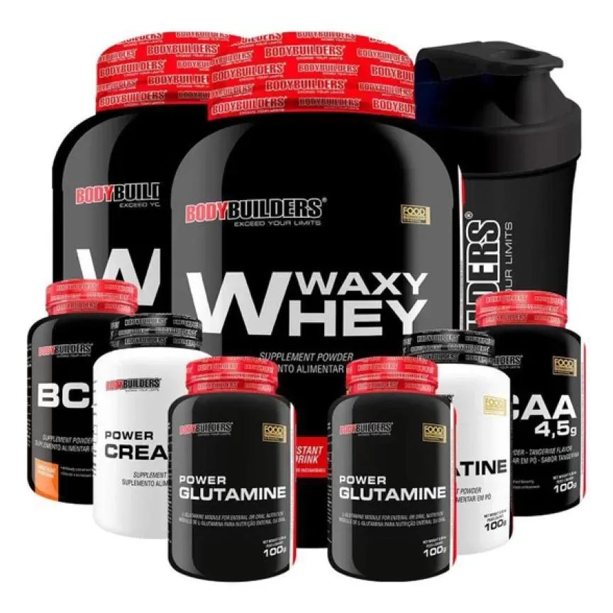 Kit 2x Waxy Whey 900g + 2x Bcaa 100g + 2x Power Creatina 100g + 2x Power Glutamina + Coq - Bodybuilders
