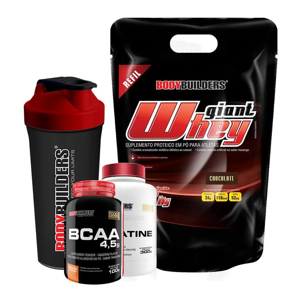 Kit Giant Whey 2kg (refil) + Bcaa 4,5 100g + 100% Creatine 300g + Coqueteleira Sabor: Chocolate– Bodybuilders
