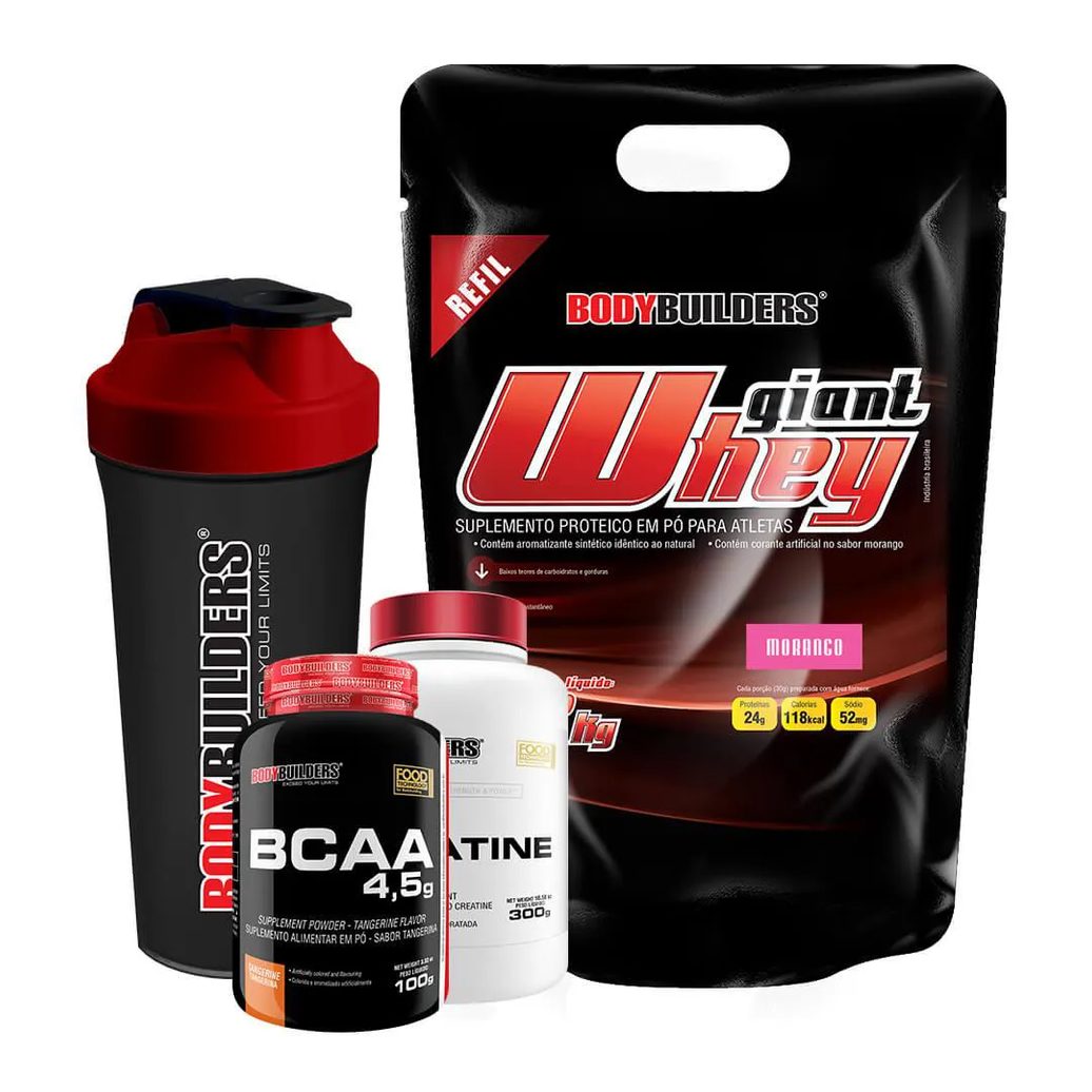 Kit Giant Whey 2kg (refil) + Bcaa 4,5 100g + 100% Creatine 300g + Coqueteleira Sabor: Morango – Bodybuilders
