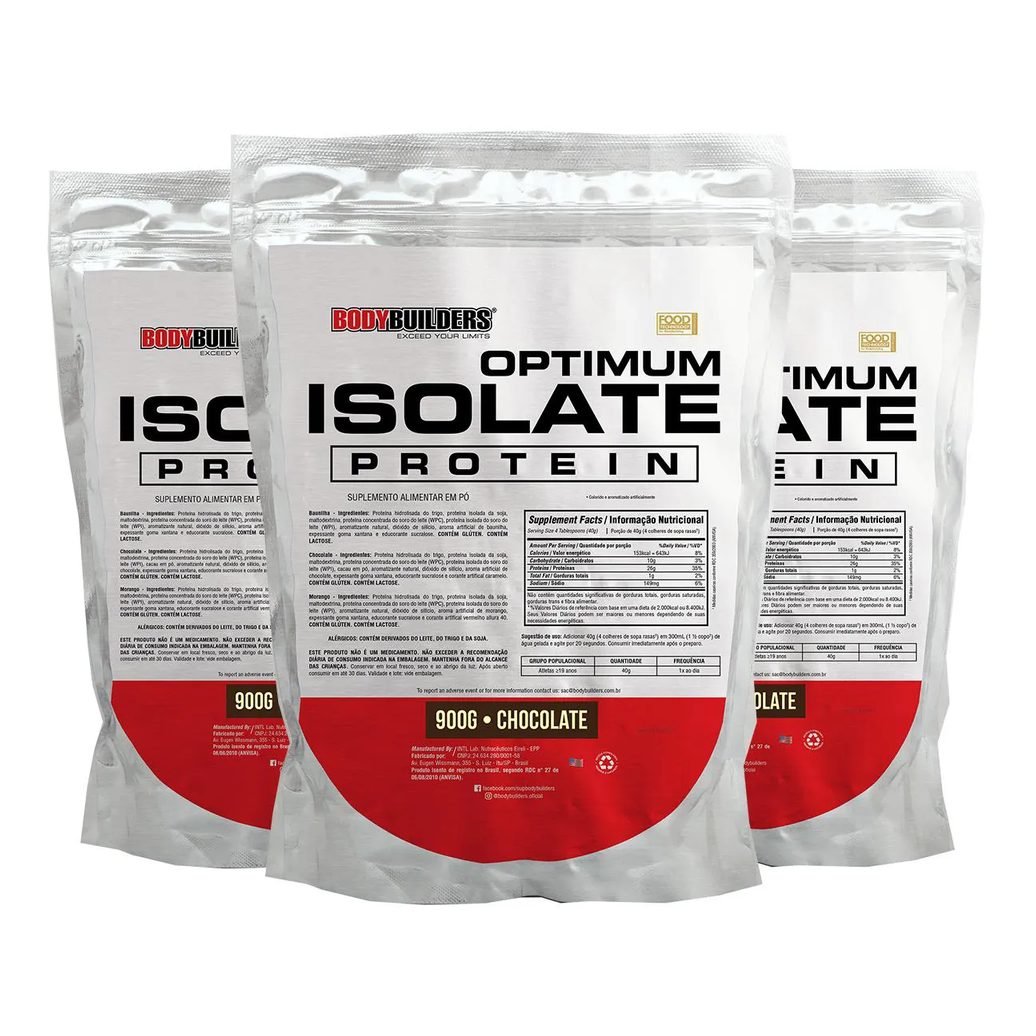 Kit 3x Optimum Isolate Whey Protein 900g - Bodybuilders Sabor Chocolate