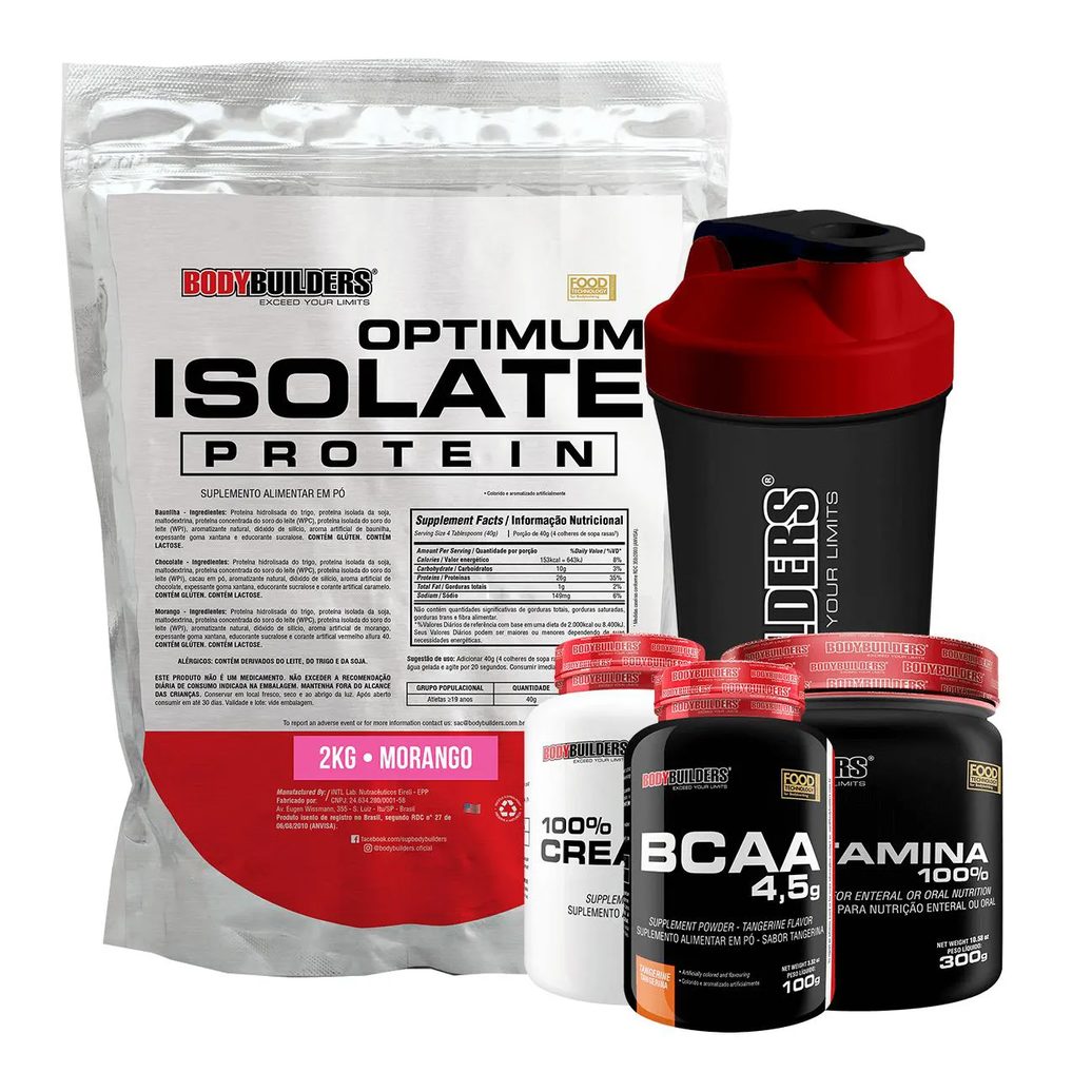 Kit Optimum Isolate Whey Protein 2kg + Bcaa 100g + Creatina 100g + Glutamina 300g + Coqueteleira Sabor Morango - Bodybuilders