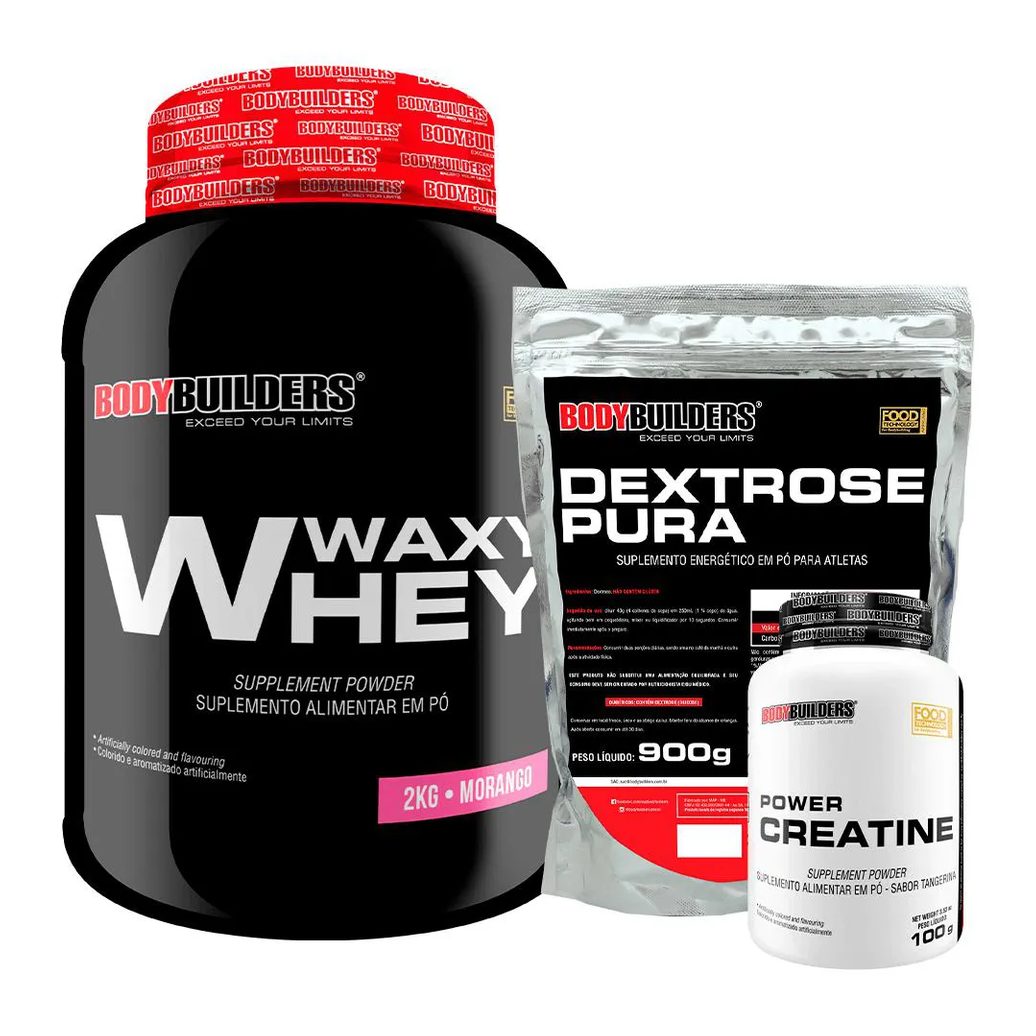 Kit Waxy Whey Protein 2kg + Creatina 100g + Dextrose 900g - Bodybuilders Morango