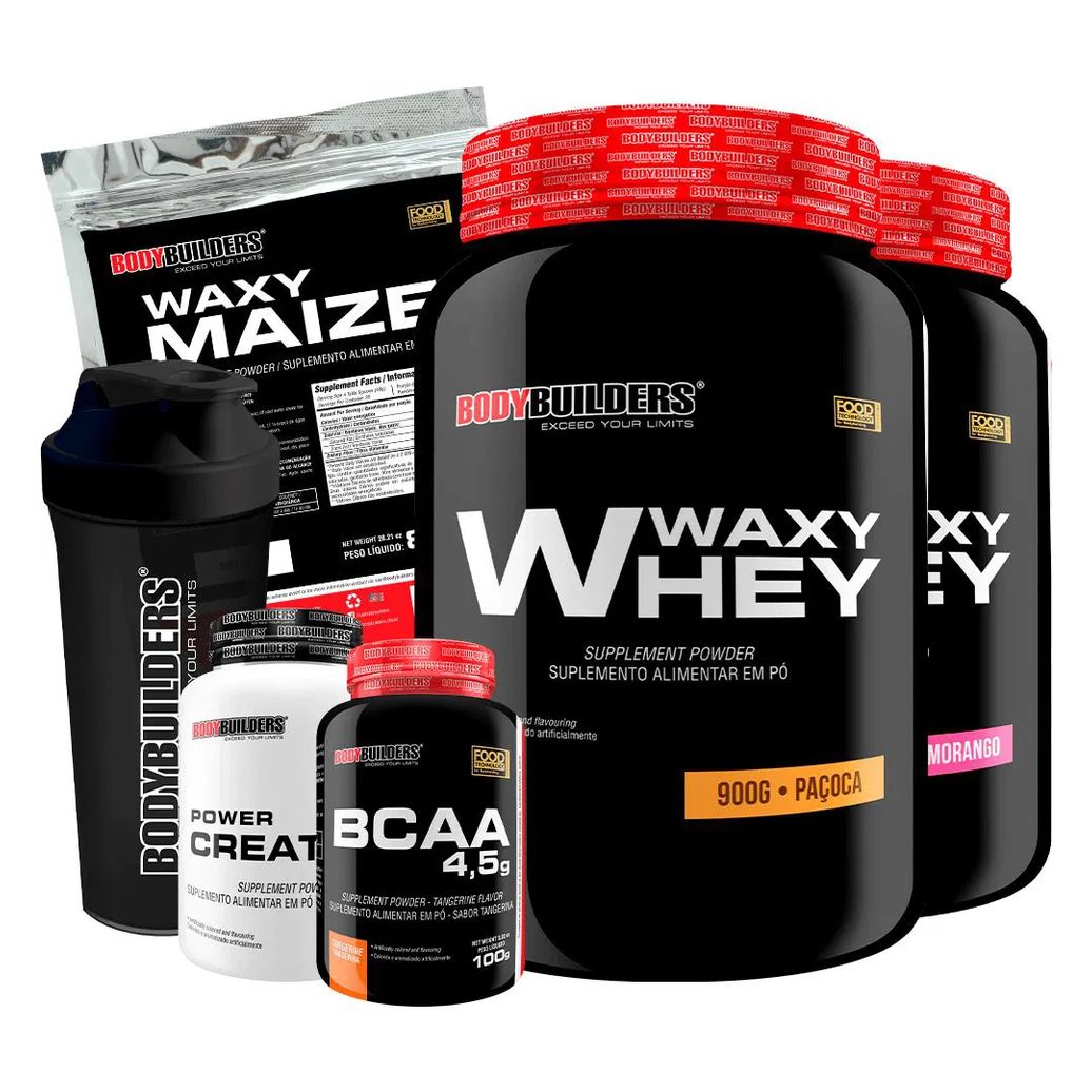 Kit 2x Whey Protein Waxy Whey 900g + Bcaa 4.5 100g + Power Creatina 100g + Waxy Maize 800g + Coque. Morango e Paçoca