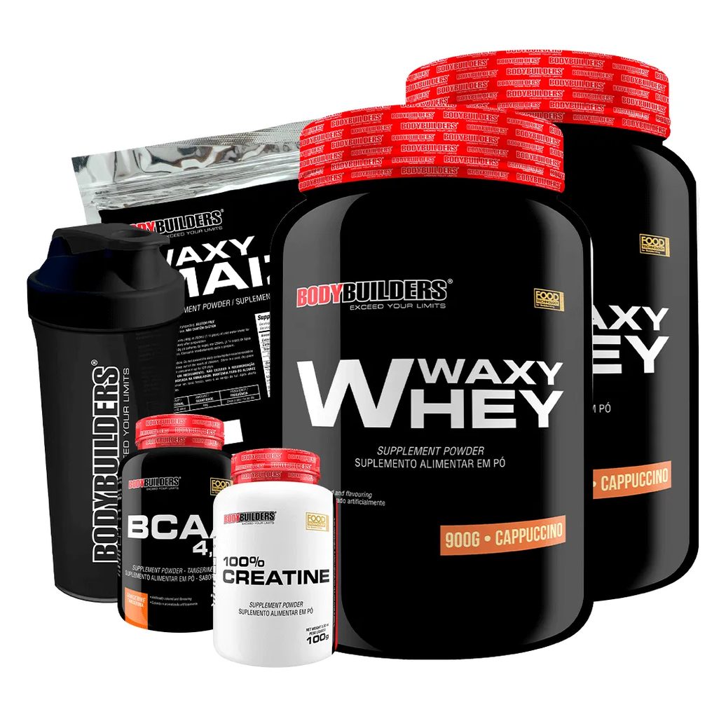 Kit 2x Whey Protein Waxy Whey 900g + Bcaa 4.5 100g + Power Creatina 100g + Waxy Maize 800g + Coque. Cappuccino