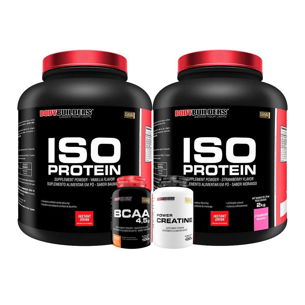 Kit 2x Iso Protein 2kg + Creatina 100g + Bcaa100g - Bodybuilders Sabor Morango