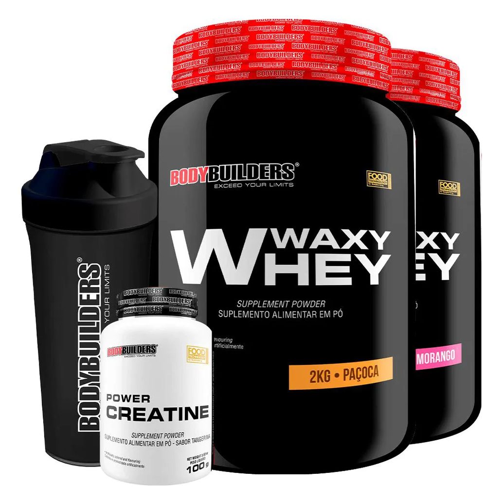 Kit 2x Waxy Whey 2kg + Power Creatina 100g + Coqueteleira - Bodybuilders Morango e Paçoca