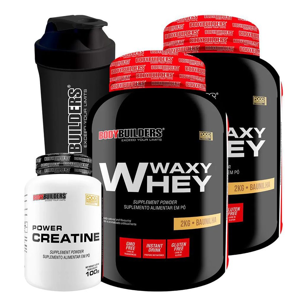 Kit 2x Waxy Whey 2kg + Power Creatina 100g + Coqueteleira - Bodybuilders Morango