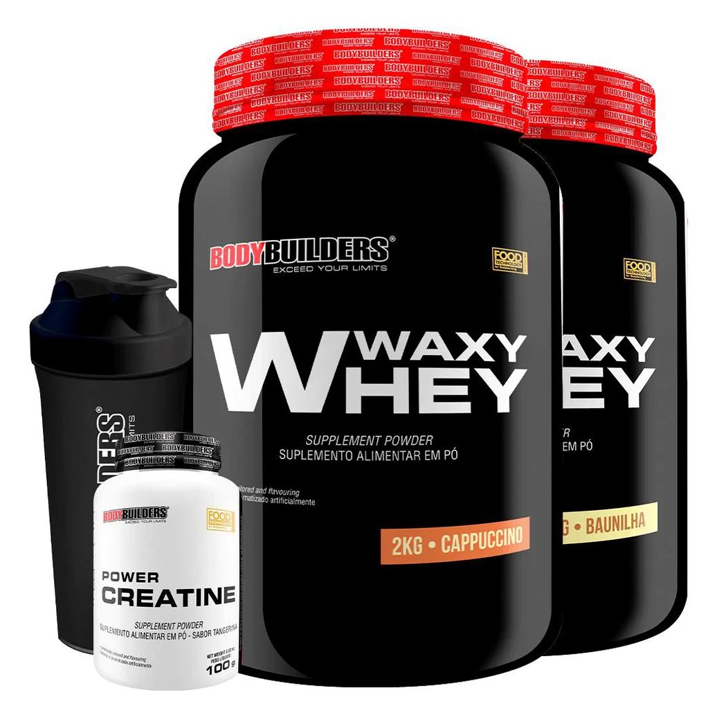 Kit 2x Waxy Whey 2kg + Power Creatina 100g + Coqueteleira - Bodybuilders Cappuccino e Baunilha