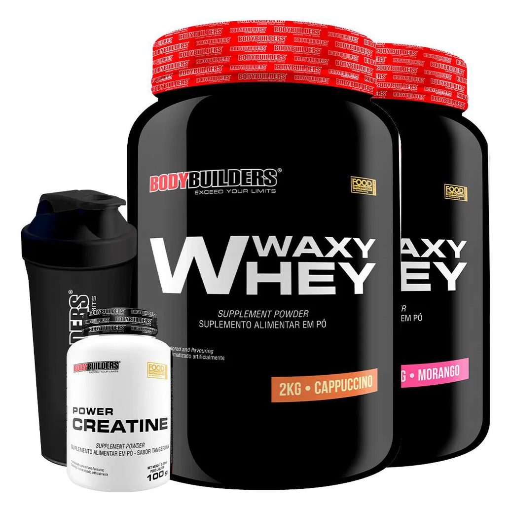 Kit 2x Waxy Whey 2kg + Power Creatina 100g + Coqueteleira - Bodybuilders Cappuccino e Morango