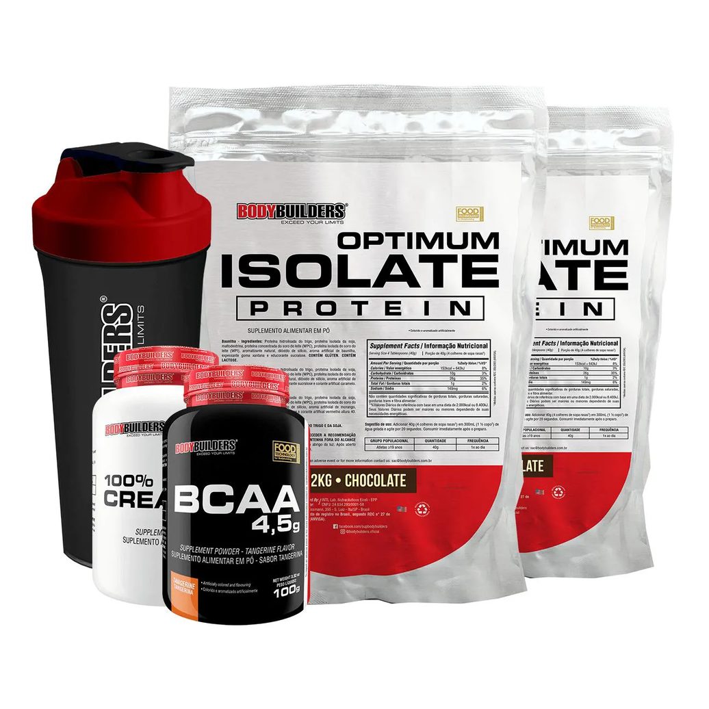 Kit 2x Optimum Isolate Whey Protein 2kg + Creatina 1000g + Bcaa 100g + Coqueteleira Sabor Chocolate - Bodybuilders