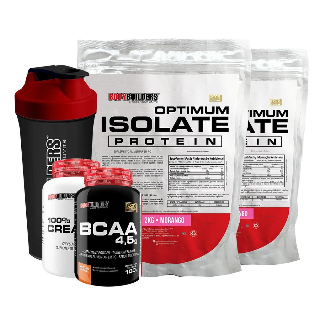 Kit 2x Optimum Isolate Whey Protein 2kg + Creatina 1000g + Bcaa 100g + Coqueteleira Sabor Morango - Bodybuilders
