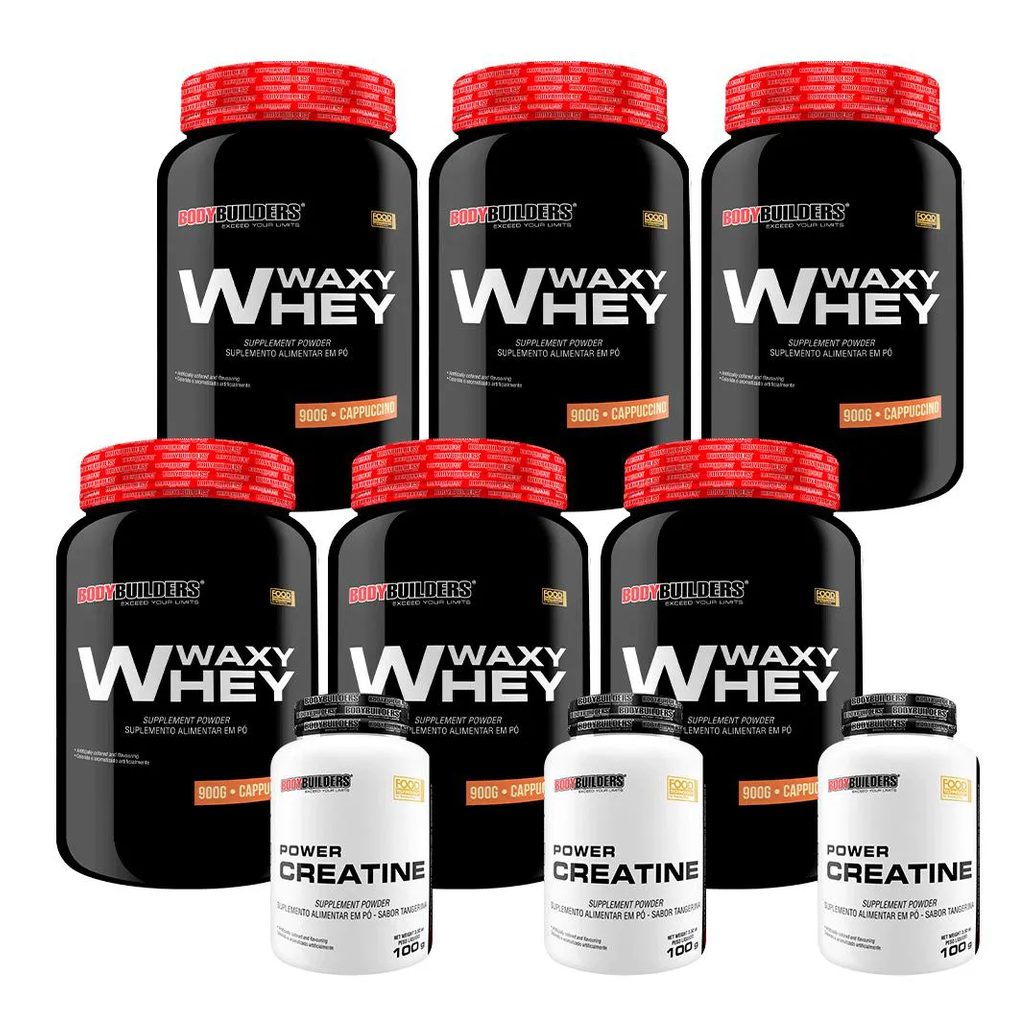 Kit 6x Waxy Whey 900g + 3x Power Creatina 100g - Bodybuilders Cappuccino