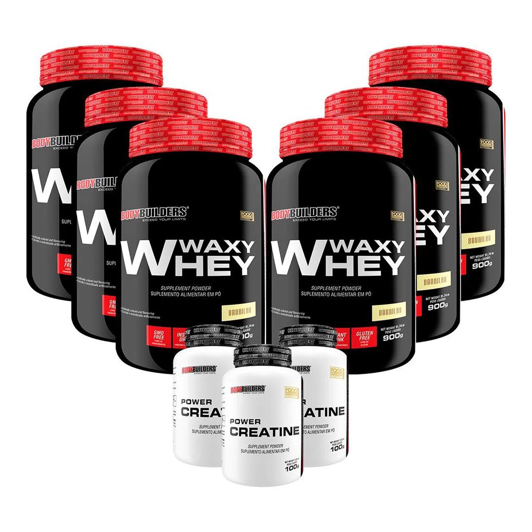 Kit 6x Waxy Whey 900g + 3x Power Creatina 100g - Bodybuilders Morango