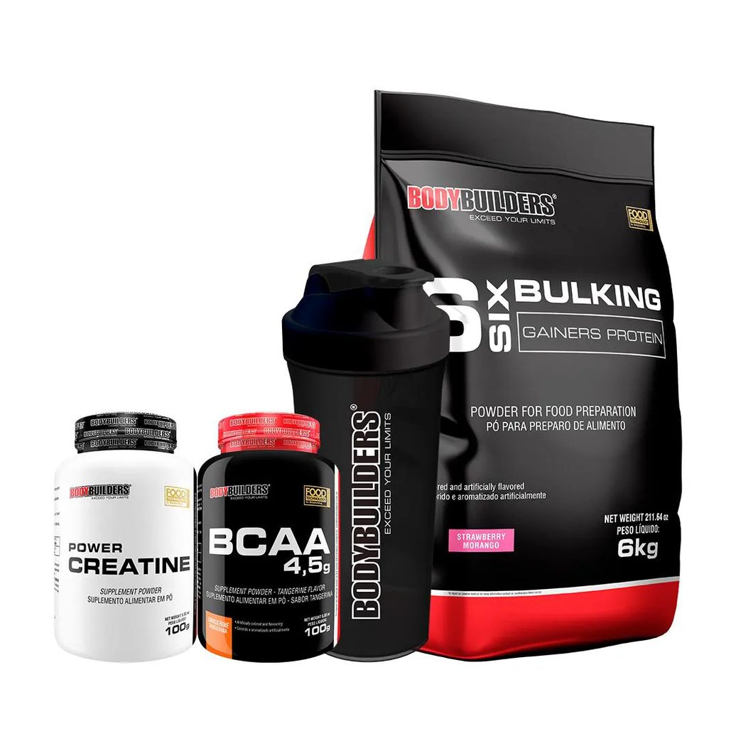 Kit Bulking Protein 6kg + Creatina 100g + Bcaa 100g + Coqueteleira - Bodybuilders Sabor Morango