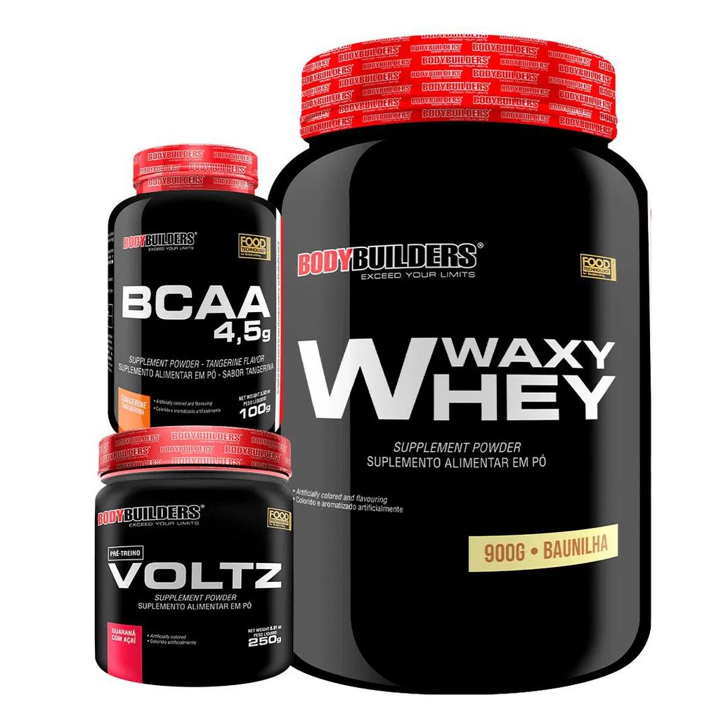 Kit Waxy Whey (35%) 900g + Bcaa 100g + Pré Treino - Bodybuilders Morango