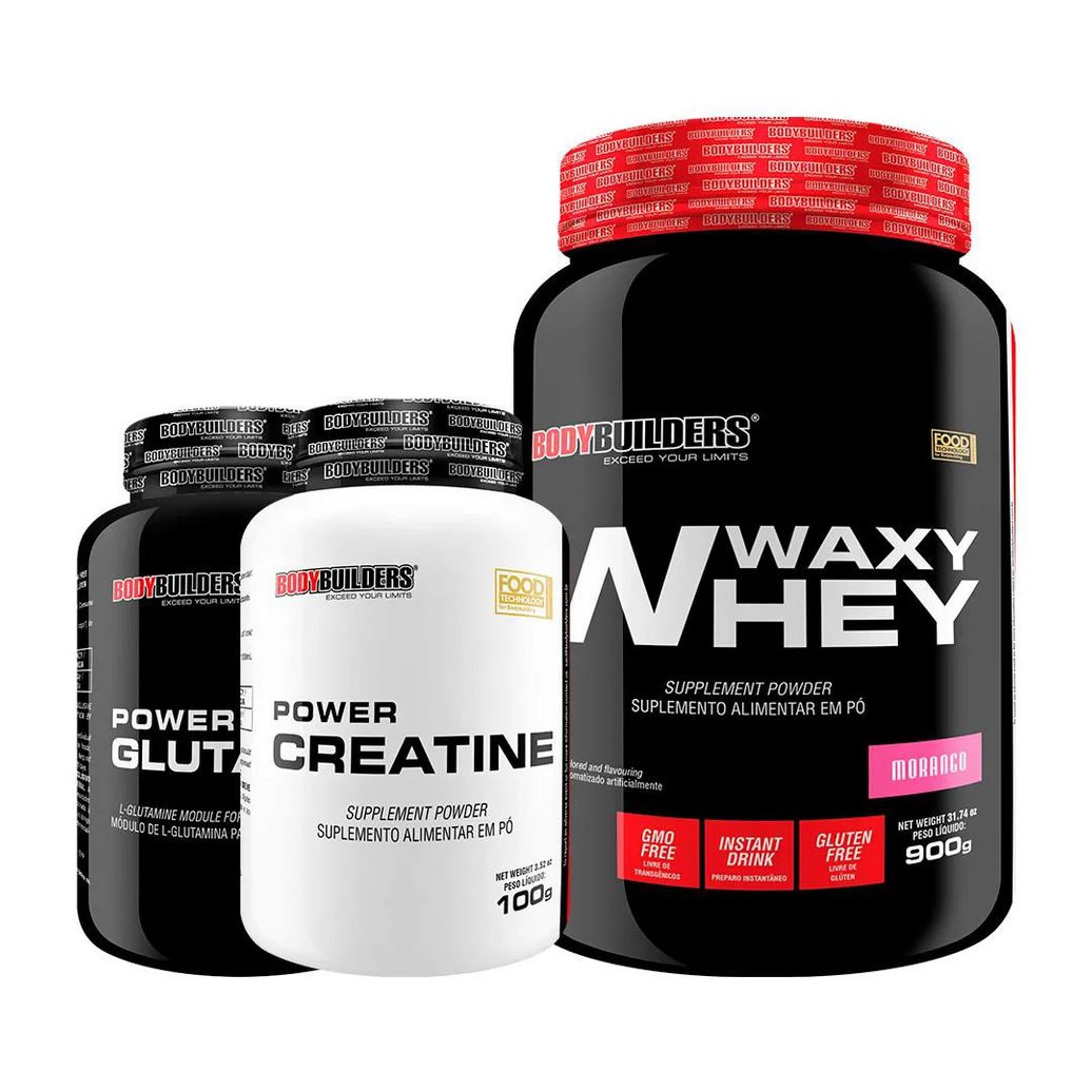 Kit Waxy Whey 900g + Power Creatine 100g + Power Glutamine 100g - Bodybuilders Morango