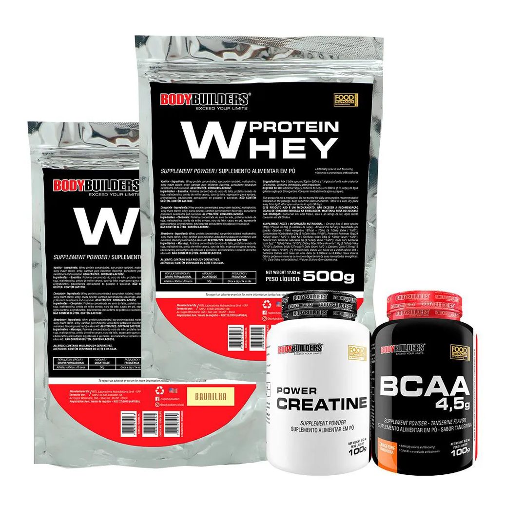 Kit 2x Whey Protein 500g + Bcaa 100g Tangerina + Power Creatina 100g - Bodybuilders Sabor Baunilha