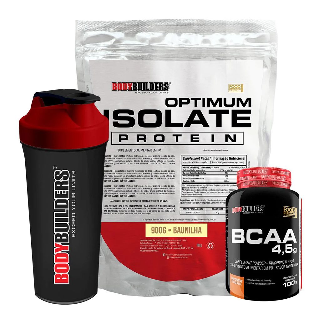 Kit Optimum Isolate Whey Protein 900g + Bcaa 100g + Coqueteleira Sabor Baunilha - Bodybuilders