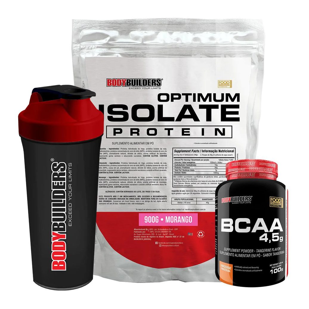 Kit Optimum Isolate Whey Protein 900g + Bcaa 100g + Coqueteleira Sabor Morango - Bodybuilders
