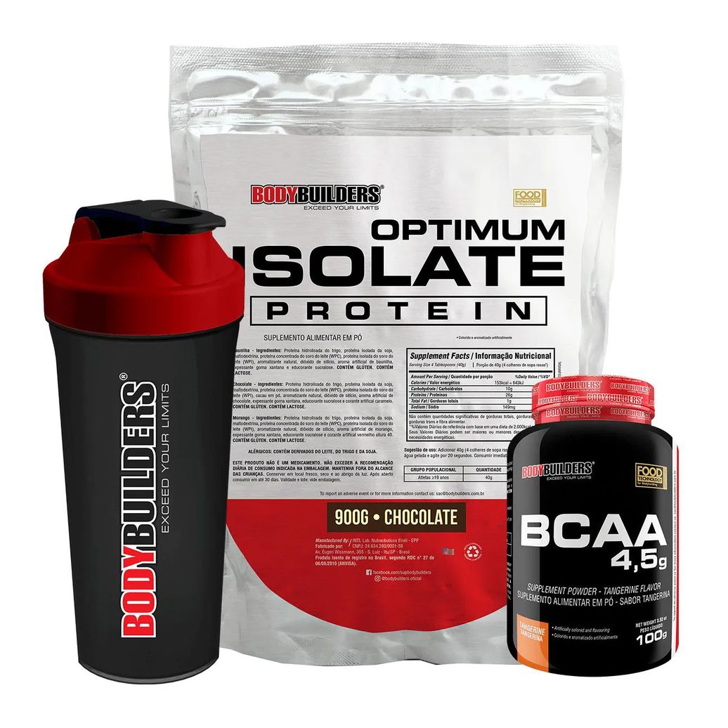 Kit Optimum Isolate Whey Protein 900g + Bcaa 100g + Coqueteleira Sabor Chocolate - Bodybuilders