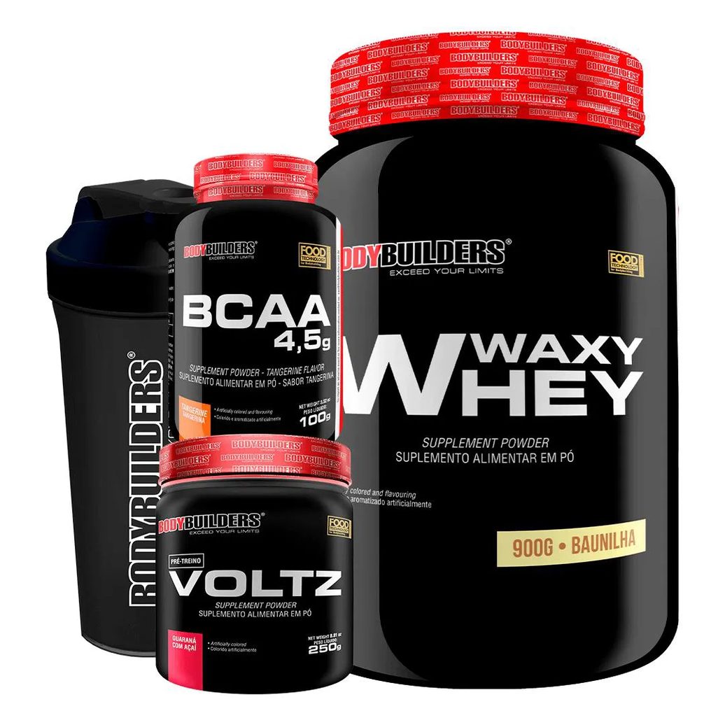 Kit Waxy Whey (35%) 900g + Bcaa 100g + Pré Treino + Coqueteleira - Bodybuilders Morango