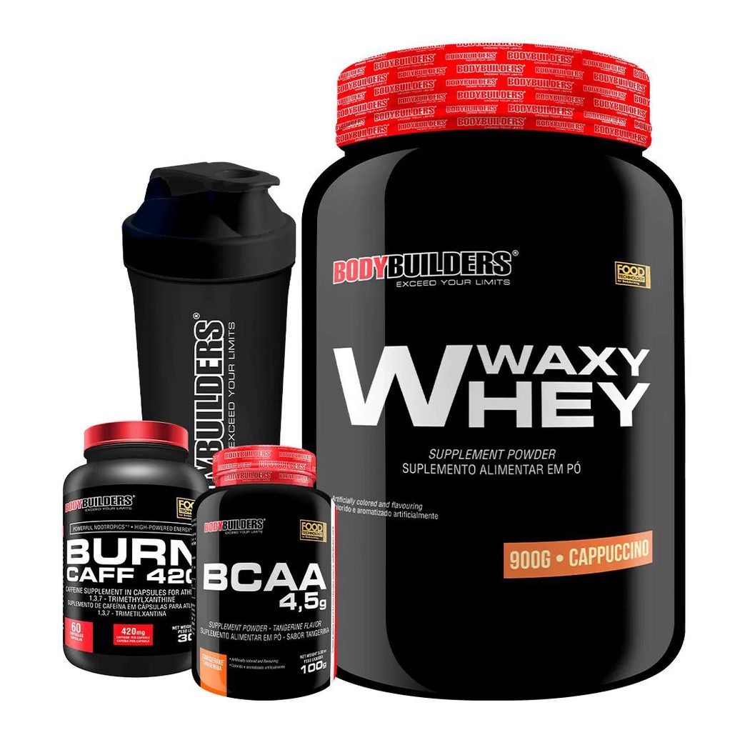 Kit Waxy Whey (35%) 900g + Bcaa 100g + Pré Treino + Coqueteleira - Bodybuilders Cappuccino