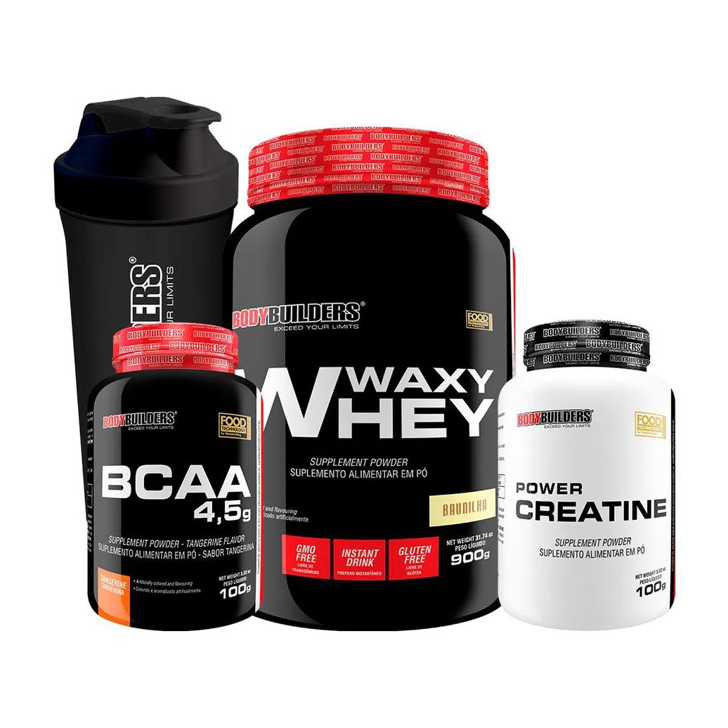 Kit Waxy Whey 900g + Power Creatina 100g + Bcaa 100g + Coqueteleira - Bodybuilders Baunilha