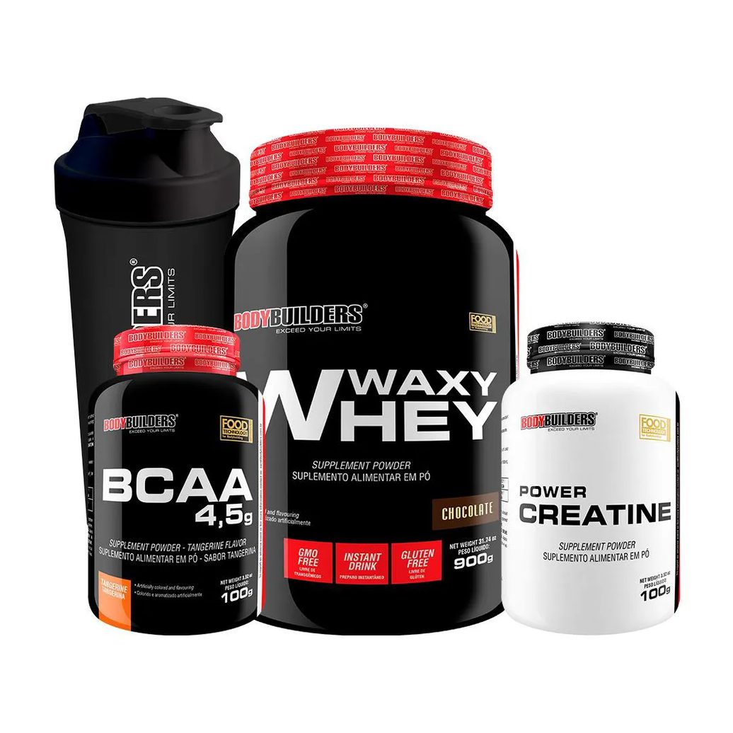 Kit Waxy Whey 900g + Power Creatina 100g + Bcaa 100g + Coqueteleira - Bodybuilders Chocolate
