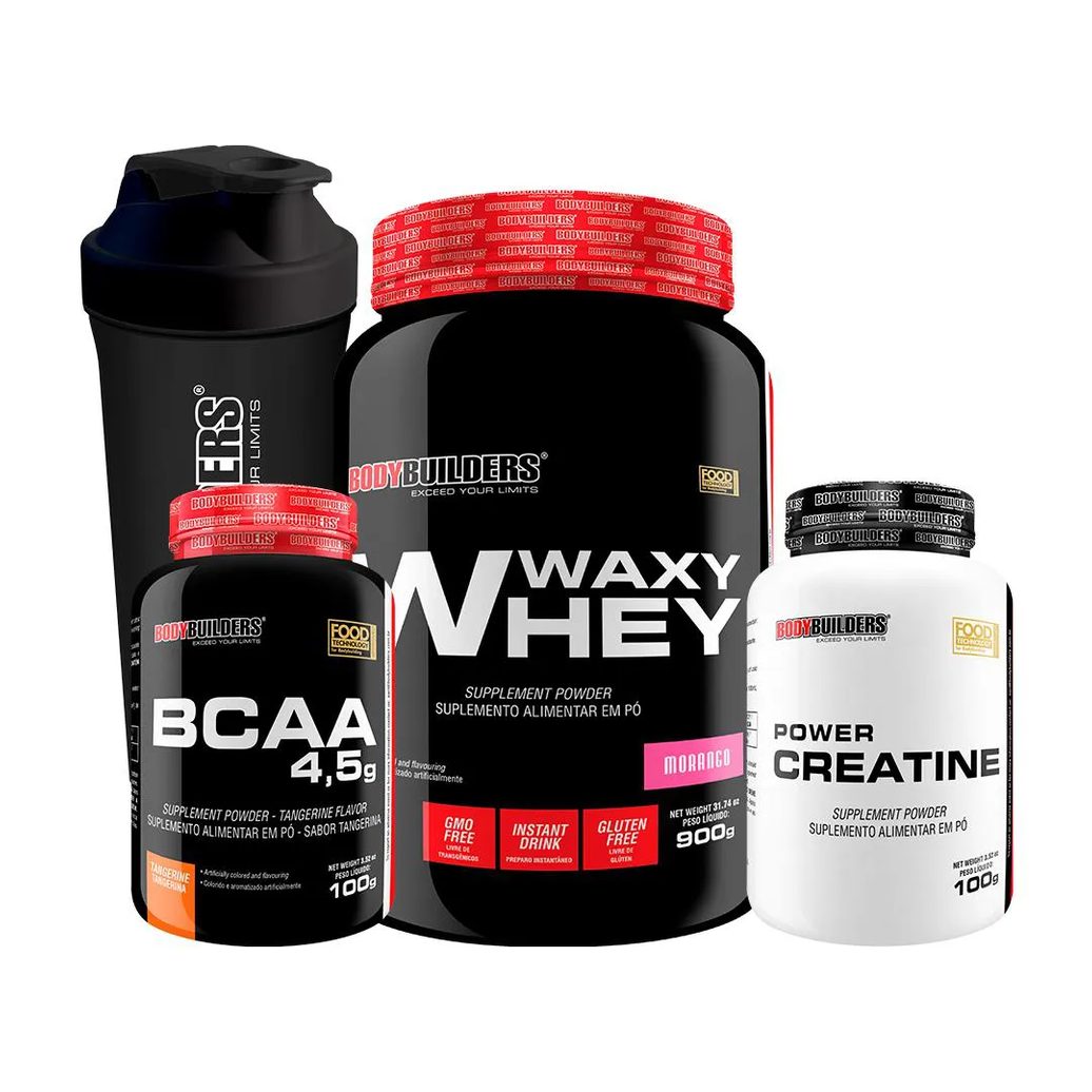 Kit Waxy Whey 900g + Power Creatina 100g + Bcaa 100g + Coqueteleira - Bodybuilders Morango