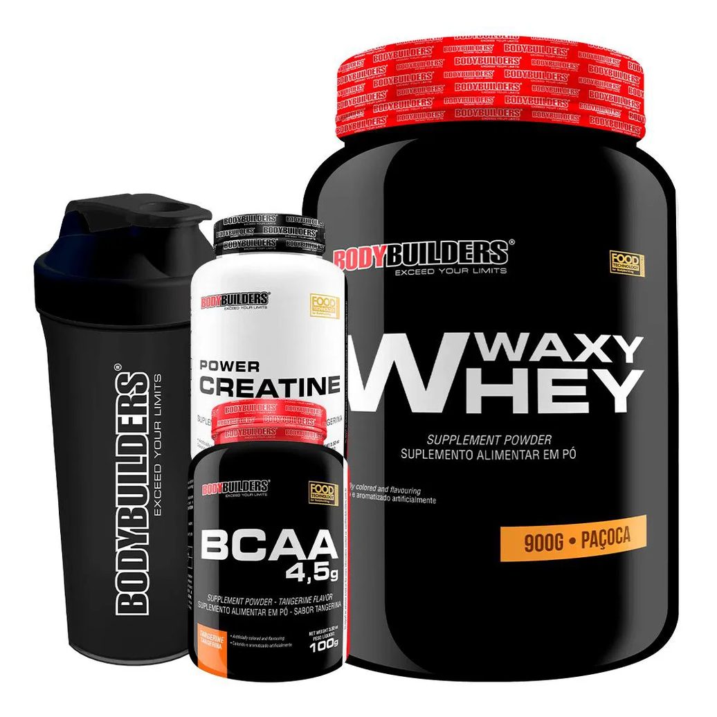 Kit Waxy Whey 900g + Power Creatina 100g + Bcaa 100g + Coqueteleira - Bodybuilders Paçoca