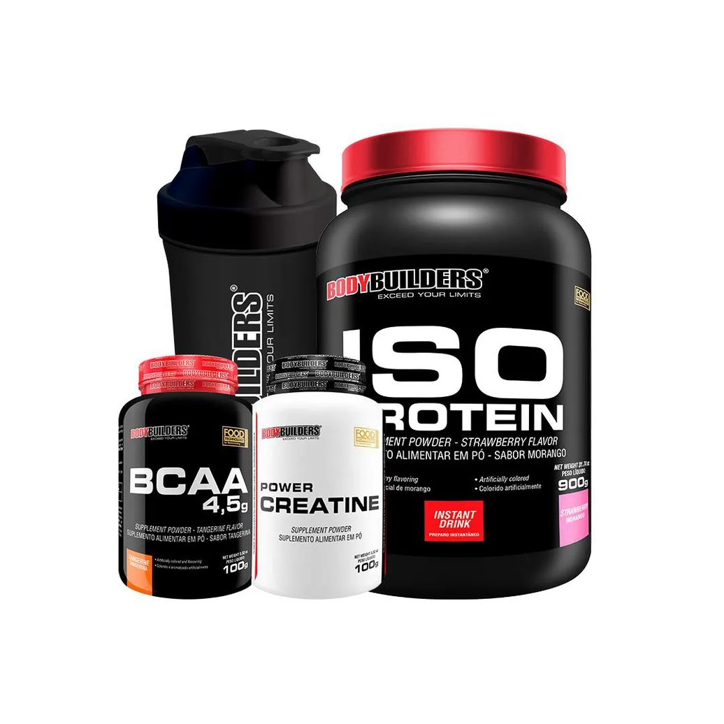 Kit Iso Protein 900g + Power Creatina 100g + Bcaa 100g + Coqueteleira Sabor: Morango - Bodybuilders