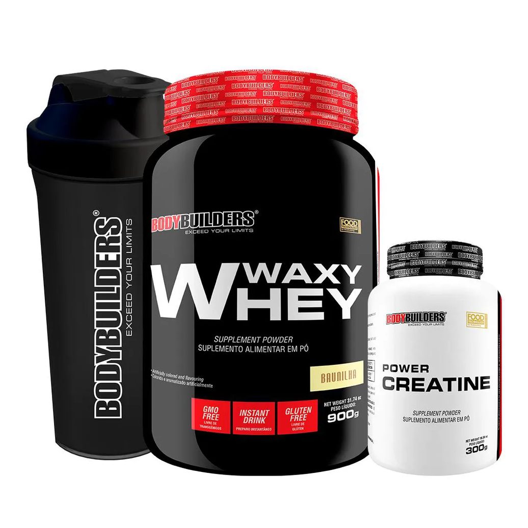 Kit Waxy Whey 900g + Power Creatina 100g + Coqueteleira - Bodybuilders Morango