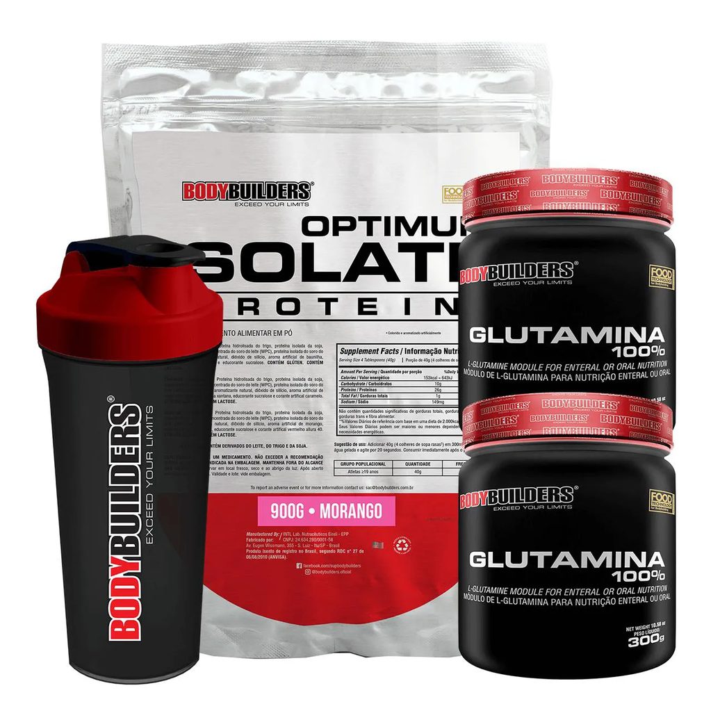 Kit Optimum Isolate Whey Protein 900g + 2x Glutamina 300g + Coqueteleira Morango - Bodybuilders