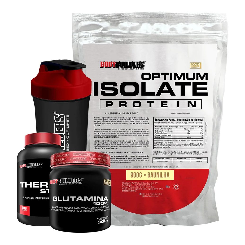 Kit Optimum Isolate Whey Protein 900g + Thermo Start 100 cápsulas + Glutamina 300g + Coqueteleira Sabor Baunilha - Bodybuilders